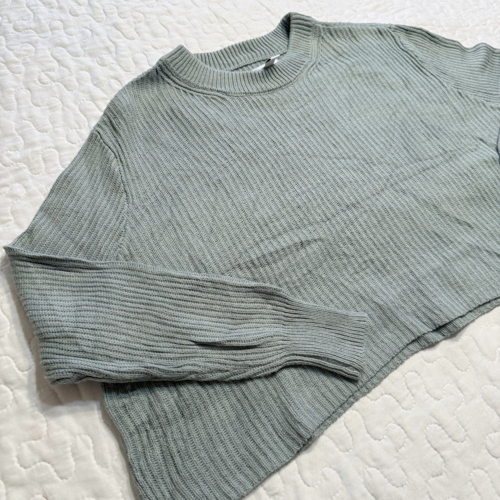 Topshop Women S Sweater Sage Green Ribbed Knit Cropped Boxy Crew Neck FALL EARTH
